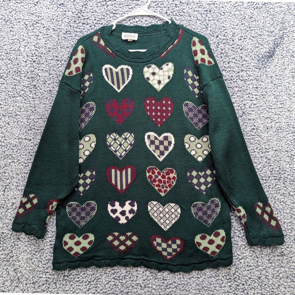 VTG Cottagecore Heart Knit Sweater Size LG Patchwork Twee Coquette Granny Green